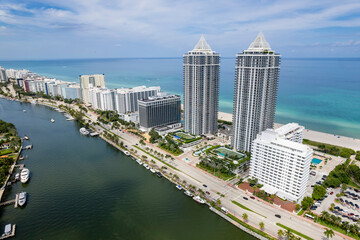Miami Beach, Florida, USA - Aerial view of luxury apartments and hotels and the boardwalk...