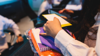 Process of checking in on a conference congress forum event, registration desk table, visitors and...