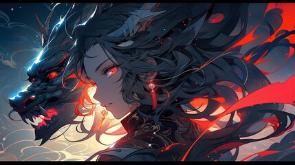 Cute cartoon anime warrior princess with dragon