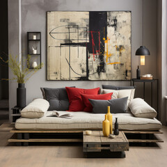 a linen futon with white cushions in a black living 
