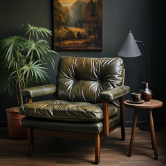a leather armchair with green cushions in a brown
