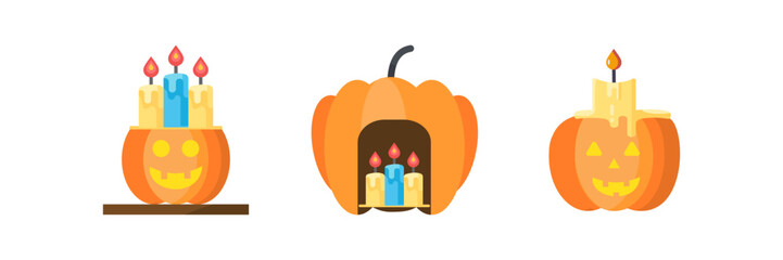 
Set of vector cartoon Halloween pumpkin candles. Collection of funny and scary icons Isolated flat style design illustration.
