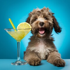 dog with a glass of lemonade