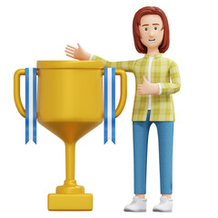 college girl standing beside gold trophy 3d cartoon illustration