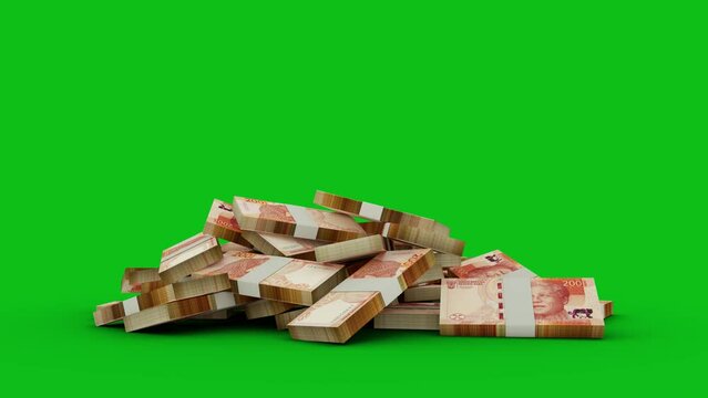 3d animation of stacks of South African rand notes falling on green screen floor. You can Key out or remove background to replace with a custom one. 3d rendering