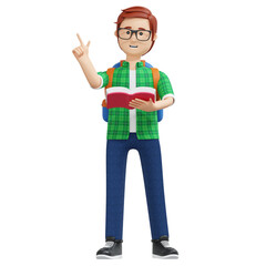 Fototapeta premium college boy holding book while standing 3d cartoon illustration