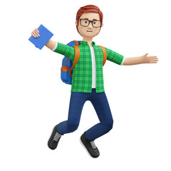 college boy holding book while jump 3d cartoon illustration