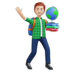 college boy holding books and globe 3d cartoon illustration