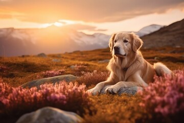 A golden retriever dog sitting outdoors