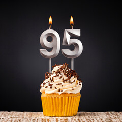 birthday cupcake with number 95 candle - Celebration on dark background