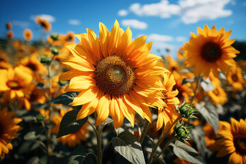 Obraz premium A sunflower field stretching as far as the eye can see, with bees buzzing around the flowers. Generative AI.