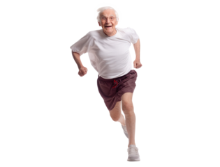 Happy elderly man jogging, cut out