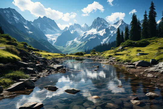 A serene lake reflecting the image of a majestic mountain range in the distance. Generative AI.