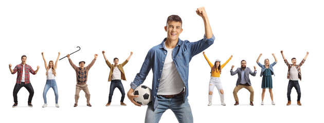 Male teenager with a football and group of people cheering in the back