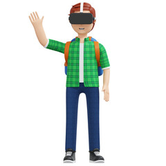 college boy using virtual reality headset 3d cartoon illustration