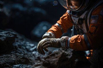 Obraz premium A close-up of an astronaut's gloved hand manipulating equipment on the moon's surface. Generative Ai.