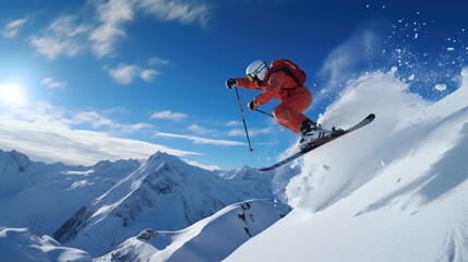 Naklejka na ściany i meble person skiing on a beautiful snowy mountain. extreme winter sport. copy space