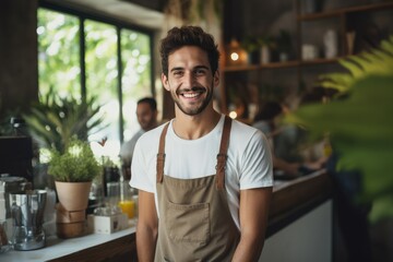 portrait of smiling young man waiter working in a coffee shop