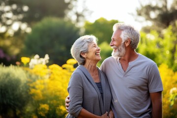 happy elderly couple with a gesture of complicity and vitality in a beautiful landscape with natural light