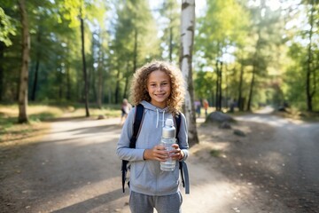 very active girl with a bottle of water in her hands posing in front of the camera