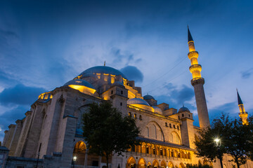 The beautiful Suleymaniye Mosque lighten up at night, Istanbul,  Turkey