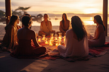 A meditation circle on a sandy beach, participants sharing positive energy. Generative Ai.