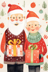 elderly couple grandma and grandpa in cozy christmas sweaters and hats in festive family home setting for greeting card cover art in textured pencil hand drawn color block sketch illustration style