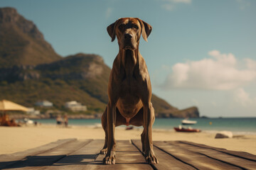 A yoga dog practitioner performing a graceful downward-facing dog pose on a beach. Generative Ai.