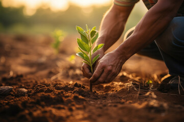 A close-up of a farmer's hand planting a young sapling, emphasizing reforestation efforts. Generative Ai.