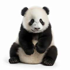 A panda bear sitting on its hind legs in black and white