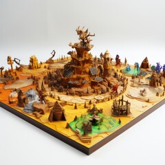 A detailed wooden model of a bustling town with intricate buildings and streets