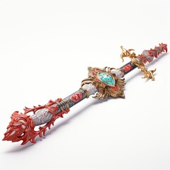 An intricately designed sword against a clean white backdrop