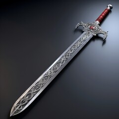 A red-handled sword on a black surface