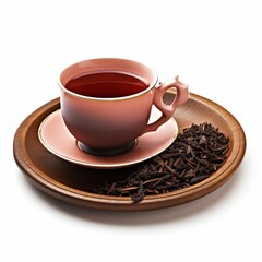 A cup of tea and a pile of black tea on a plate
