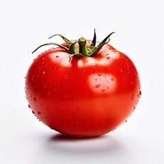 A ripe red tomato with glistening water droplets