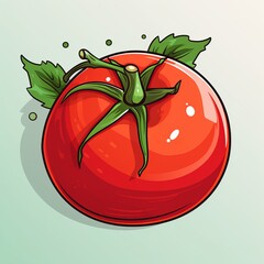 A fresh red tomato with vibrant green leaves on a soft green backdrop