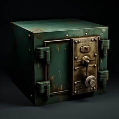 A secure green metal safe with a lock on a sleek black background