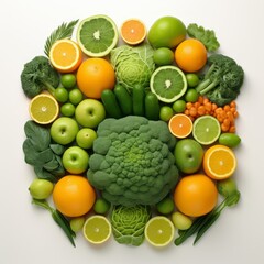 A colorful and vibrant arrangement of fruits and vegetables in a circular pattern