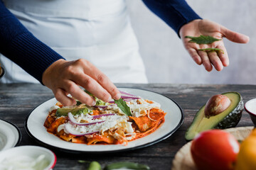 Mexican woman hands preparing chilaquiles with red sauce and eating traditional mexican food for breakfast in Mexico Latin America