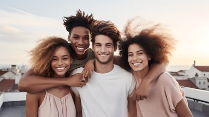 Group of multi ethnic young adult friends smiling having fun on rooftop, group of friends partying on a rooftop