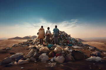 Three African children stand on a mountain of garbage, trash and plastic waste in a desert landscape. Environmental issues concept