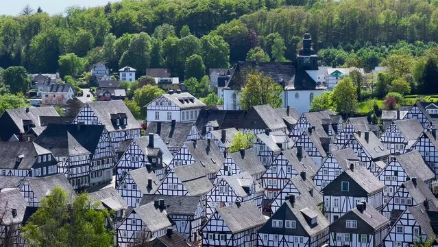 Half-timbered houses in the town of Freudenberg Siegerland in the district of Siegen Wittgenstein in North Rhine Westphalia, Germany, Europe. High quality 4k footage