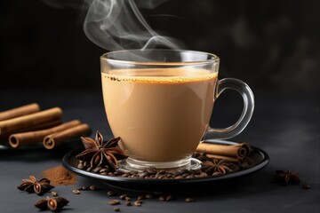 Authentic Indian Masala Chai Tea with Blend of Spices and Milk, Steam Rising from Glass on Gray Background