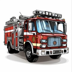 Big and Colourful Firetruck Illustration for First Responders. Aid, and Assist in Chrome and Vivid Colours on a White Background