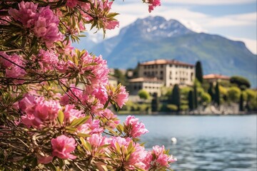 Alpine Beauty of Lake Como: Oleander Flowers and Villa Monastero in the Background, Varenna - A Botanical Destination of Europa - obrazy, fototapety, plakaty