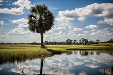Cabbage Palm Scenery. View of Florida's Wellington Nature Preserve & Marsh with Cabbage Palms at Paseo Lake - obrazy, fototapety, plakaty