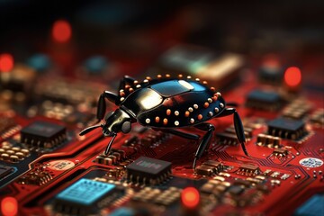 Debugging the Digital World: Miniature Red Ladybug on a Red Motherboard - obrazy, fototapety, plakaty