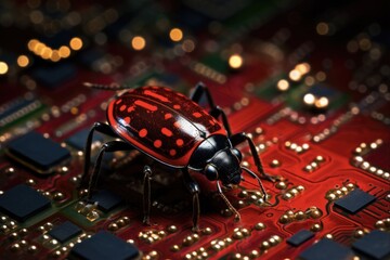 Debugging Cyber Bug Concept with a Miniature Ladybug on a Red Motherboard: The Programmer Searches for Causes of Software and Hardware Errors in Business Development.