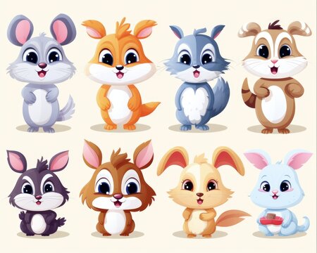 Cute Animal Collection. Full Set of Funny Cartoon Illustrations Featuring Wild and Domestic Animals including a Funny Cartoon Rabbit