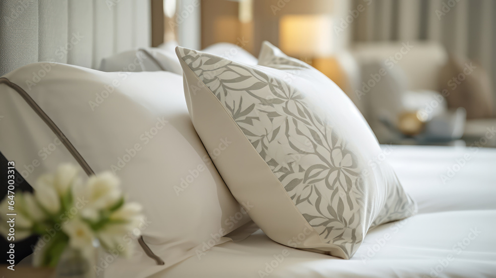 Wall mural plush pillows and crisp linen showcased in a close-up shot of a king-size hotel bed